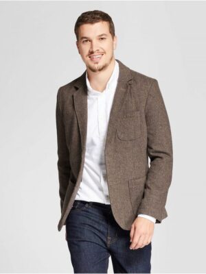 Mens Regular Fit Herringbone Blazer in Brown